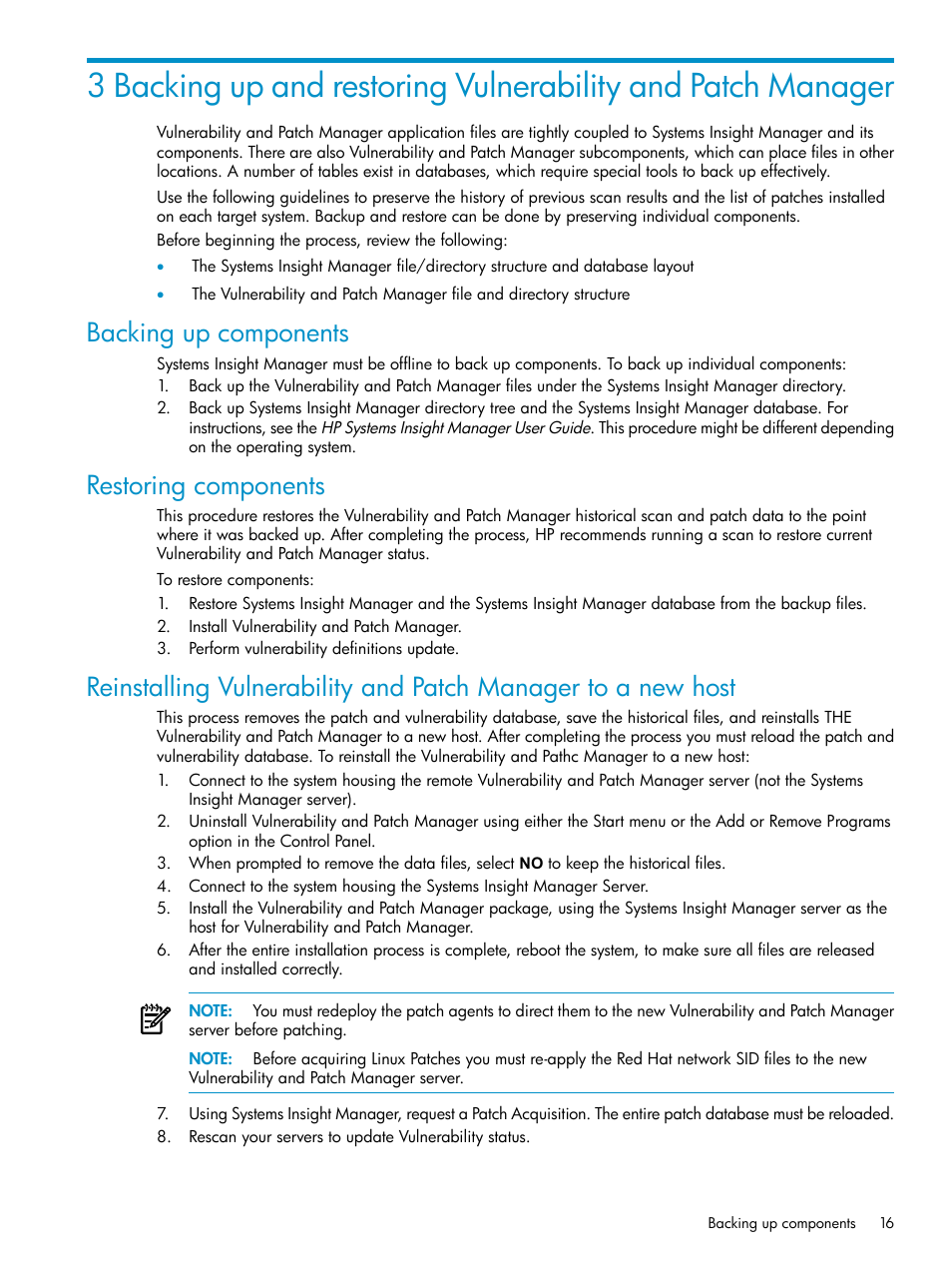 Backing up components, Restoring components | HP Insight Vulnerability and Patch Manager Software User Manual | Page 16 / 27