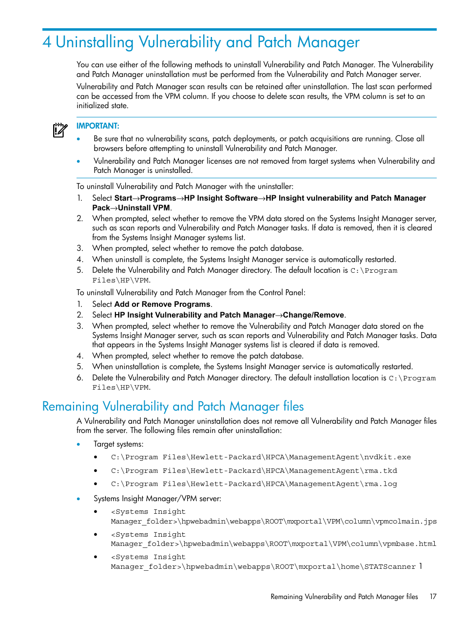 4 uninstalling vulnerability and patch manager, Remaining vulnerability and patch manager files | HP Insight Vulnerability and Patch Manager Software User Manual | Page 17 / 27