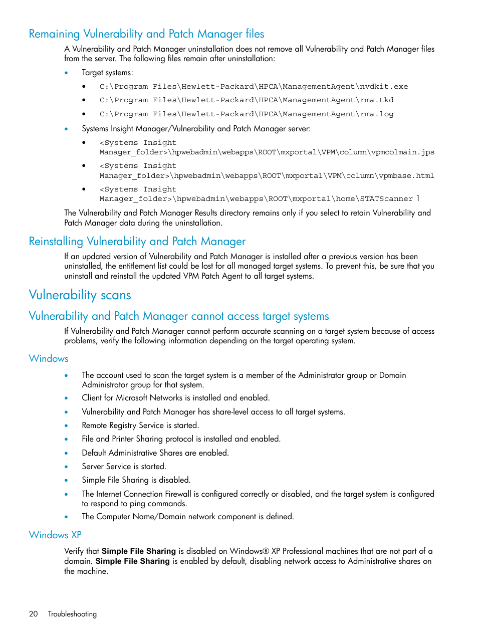 Remaining vulnerability and patch manager files, Reinstalling vulnerability and patch manager, Vulnerability scans | Windows, Windows xp, Windows windows xp | HP Insight Vulnerability and Patch Manager Software User Manual | Page 20 / 27