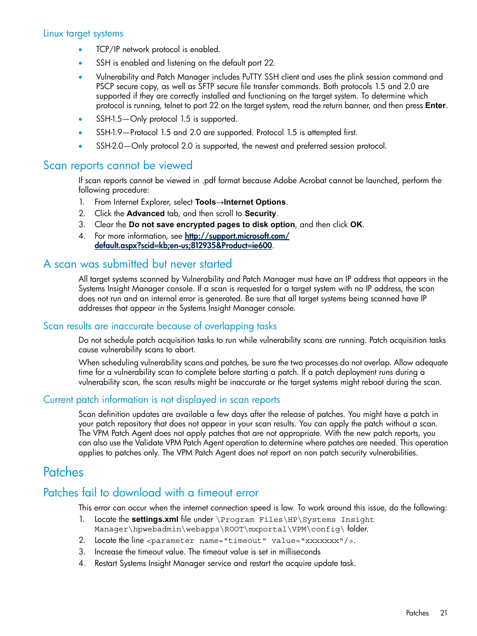 Linux target systems, Scan reports cannot be viewed, A scan was submitted but never started | Patches, Patches fail to download with a timeout error | HP Insight Vulnerability and Patch Manager Software User Manual | Page 21 / 27