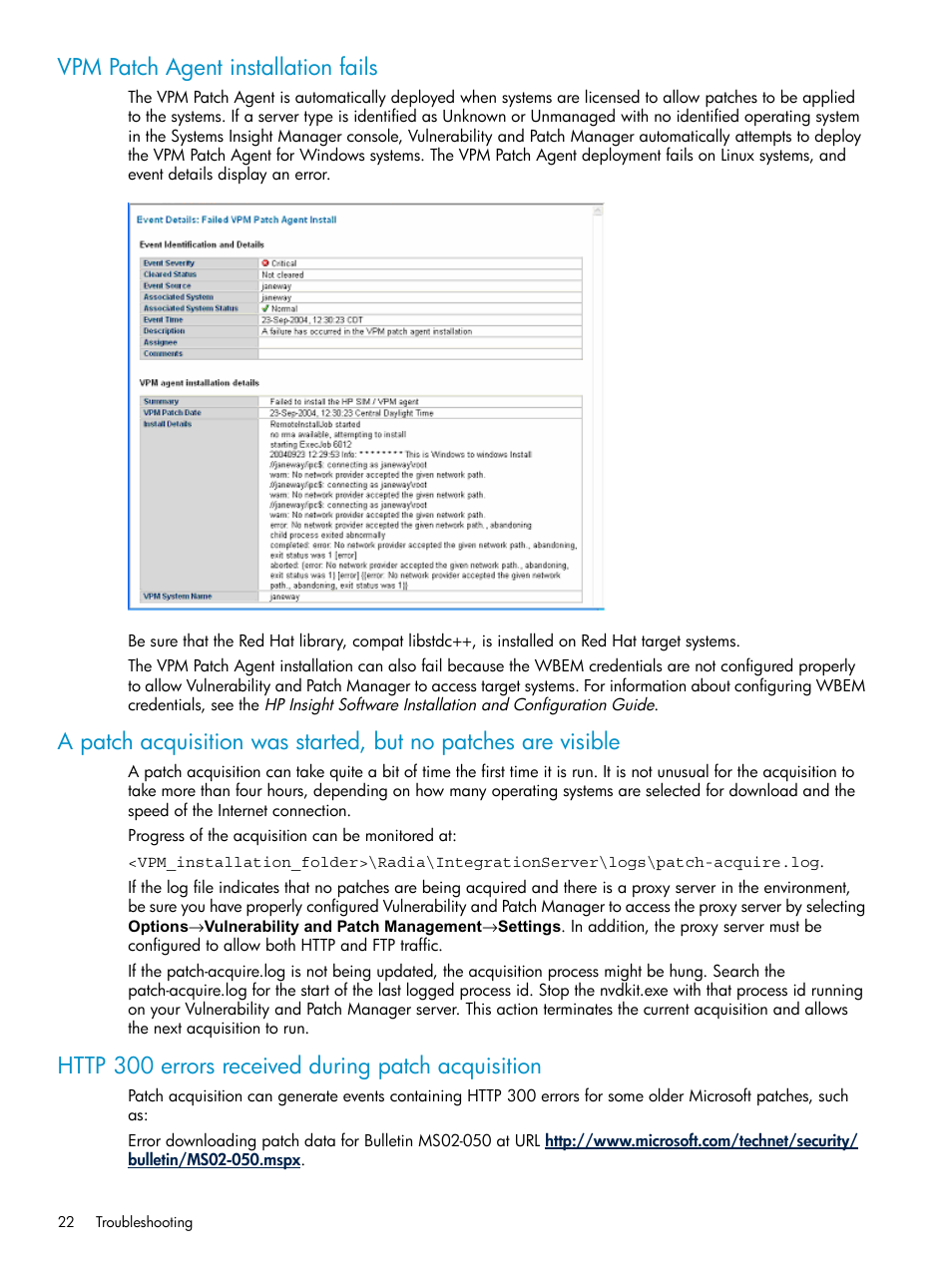 Vpm patch agent installation fails, Http 300 errors received during patch acquisition | HP Insight Vulnerability and Patch Manager Software User Manual | Page 22 / 27