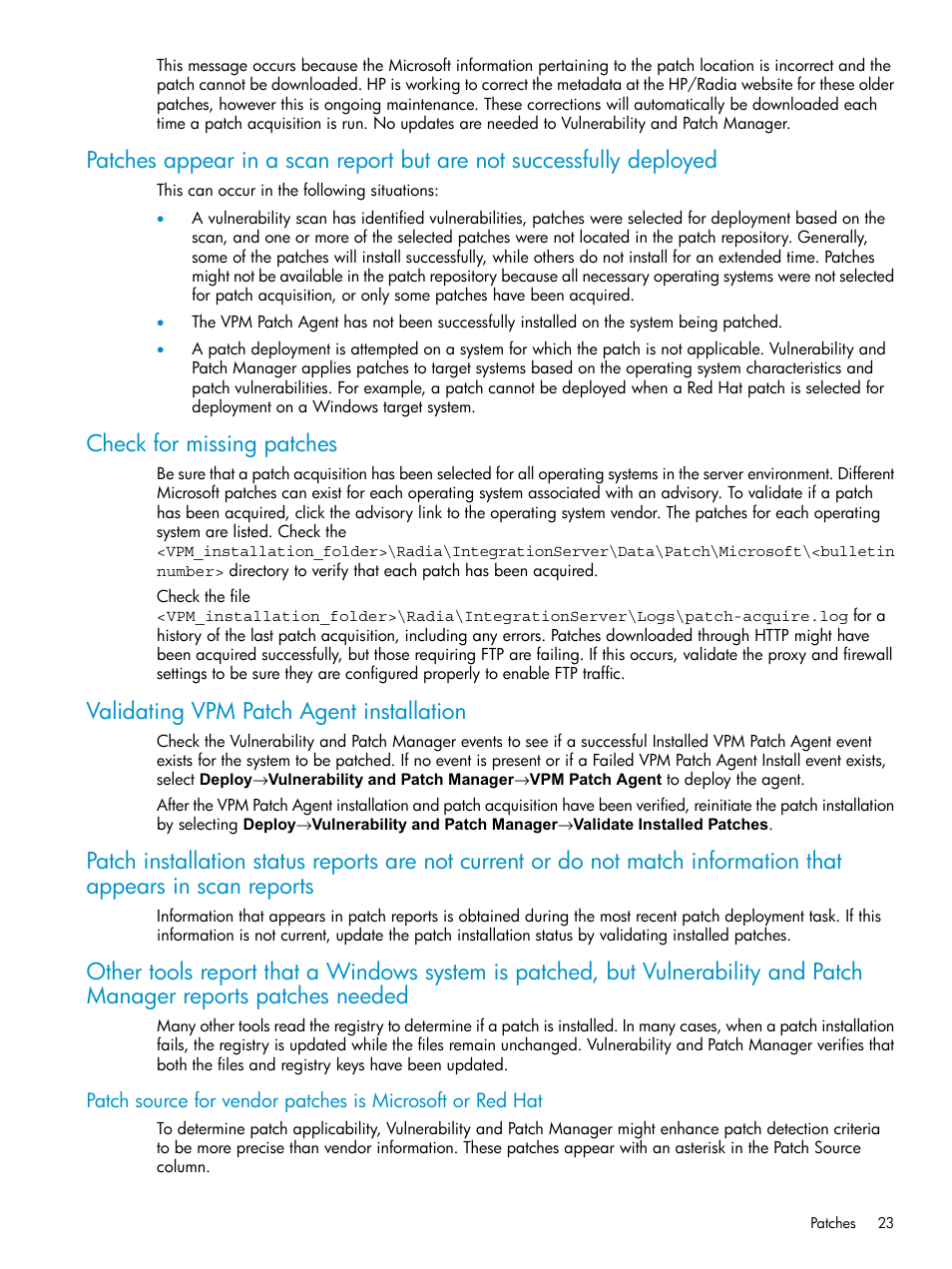 Check for missing patches, Validating vpm patch agent installation | HP Insight Vulnerability and Patch Manager Software User Manual | Page 23 / 27
