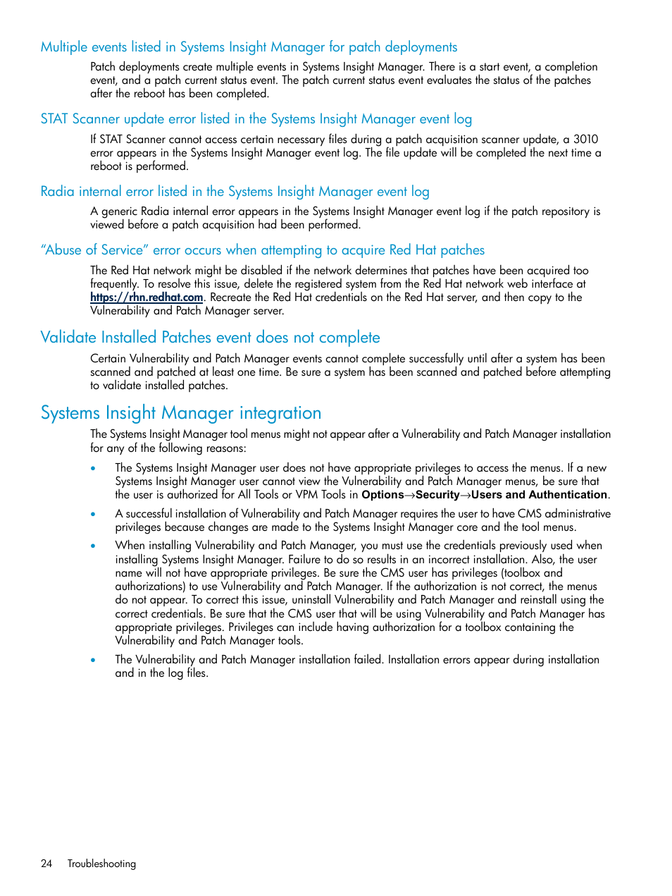 Validate installed patches event does not complete, Systems insight manager integration | HP Insight Vulnerability and Patch Manager Software User Manual | Page 24 / 27