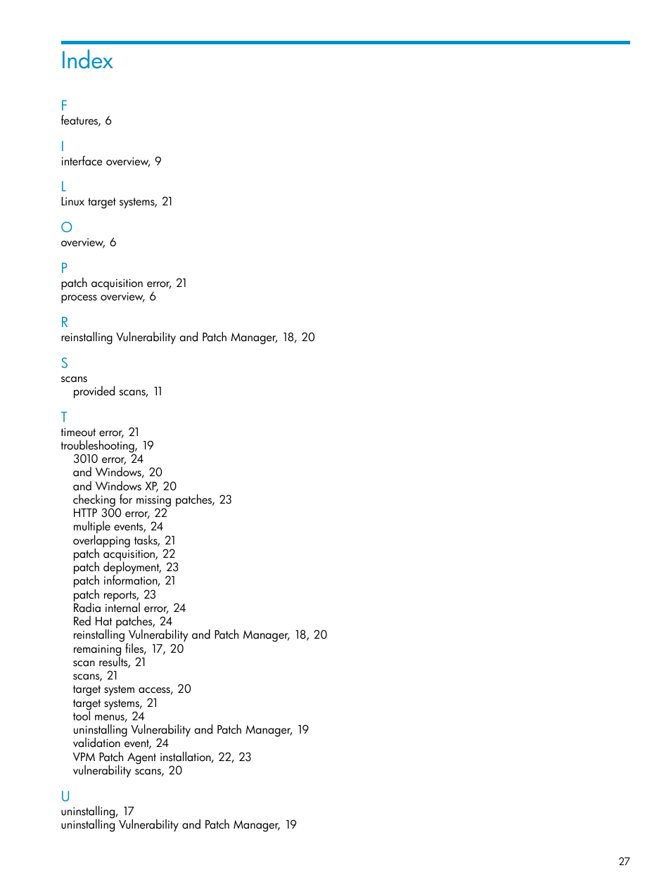 Index | HP Insight Vulnerability and Patch Manager Software User Manual | Page 27 / 27