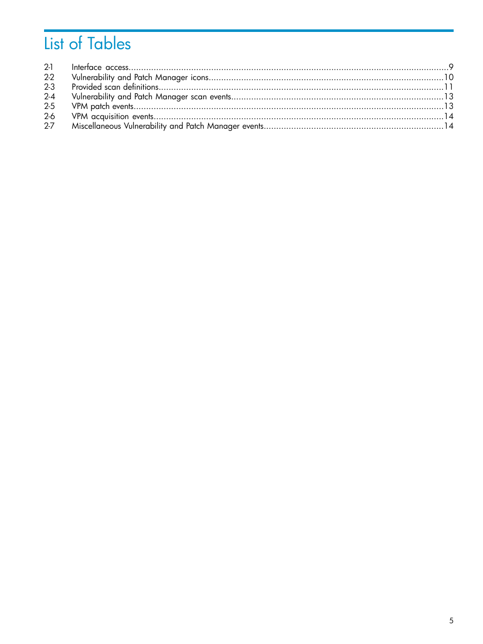 List of tables | HP Insight Vulnerability and Patch Manager Software User Manual | Page 5 / 27