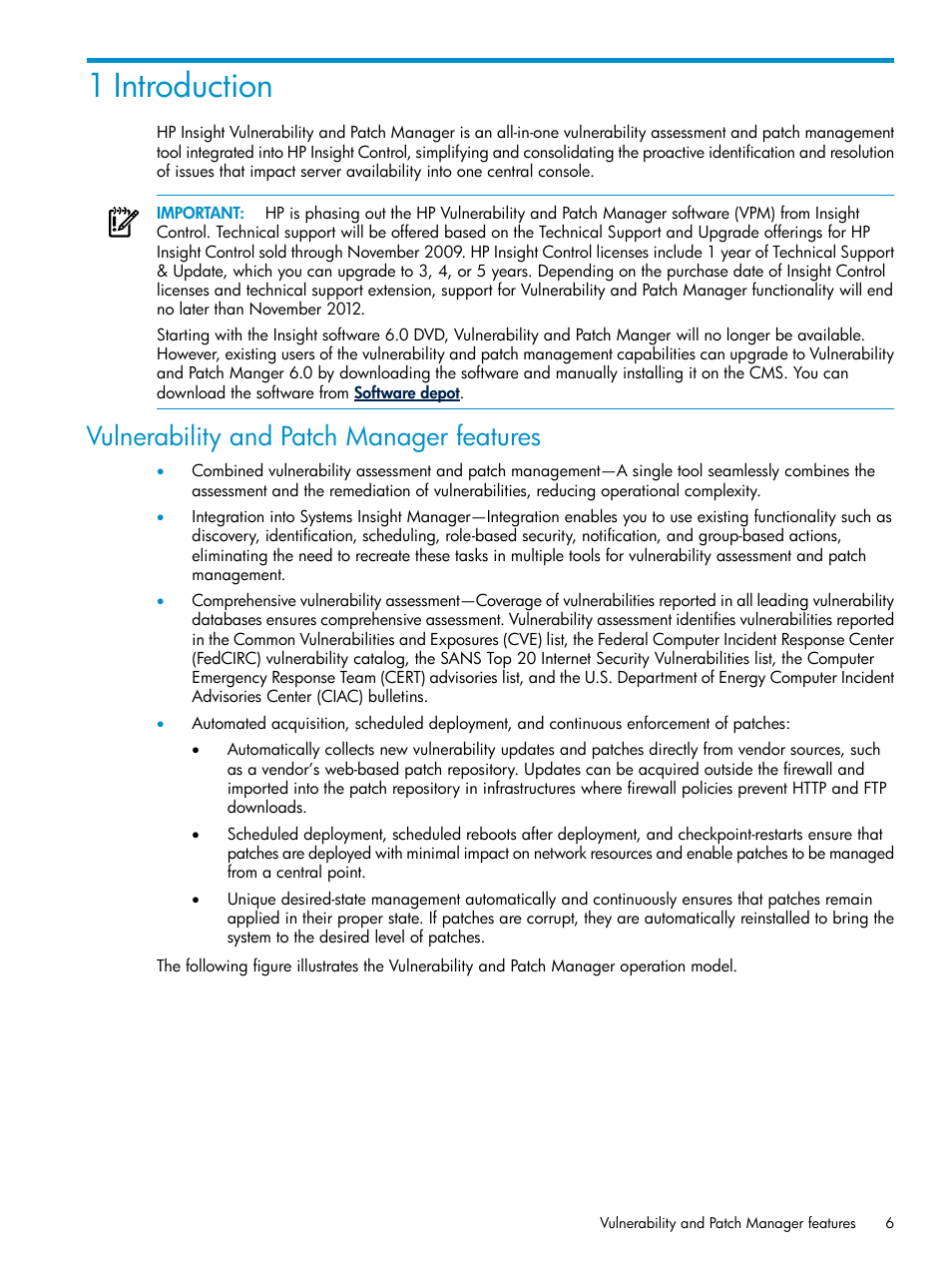 1 introduction, Vulnerability and patch manager features | HP Insight Vulnerability and Patch Manager Software User Manual | Page 6 / 27