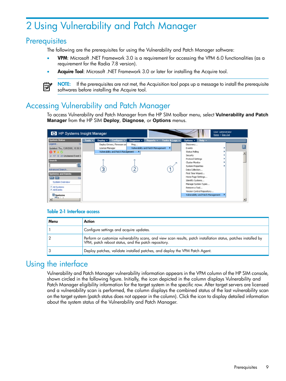 2 using vulnerability and patch manager, Prerequisites, Accessing vulnerability and patch manager | Using the interface, Interface access | HP Insight Vulnerability and Patch Manager Software User Manual | Page 9 / 27