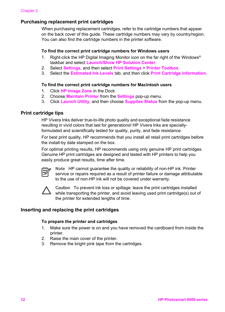 Purchasing replacement print cartridges, Print cartridge tips, Inserting and replacing the print cartridges | HP Photosmart 8050xi Printer User Manual | Page 15 / 67