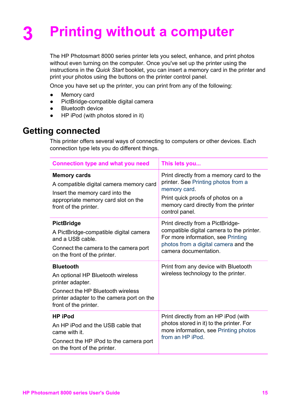 Printing without a computer, Getting connected | HP Photosmart 8050xi Printer User Manual | Page 18 / 67