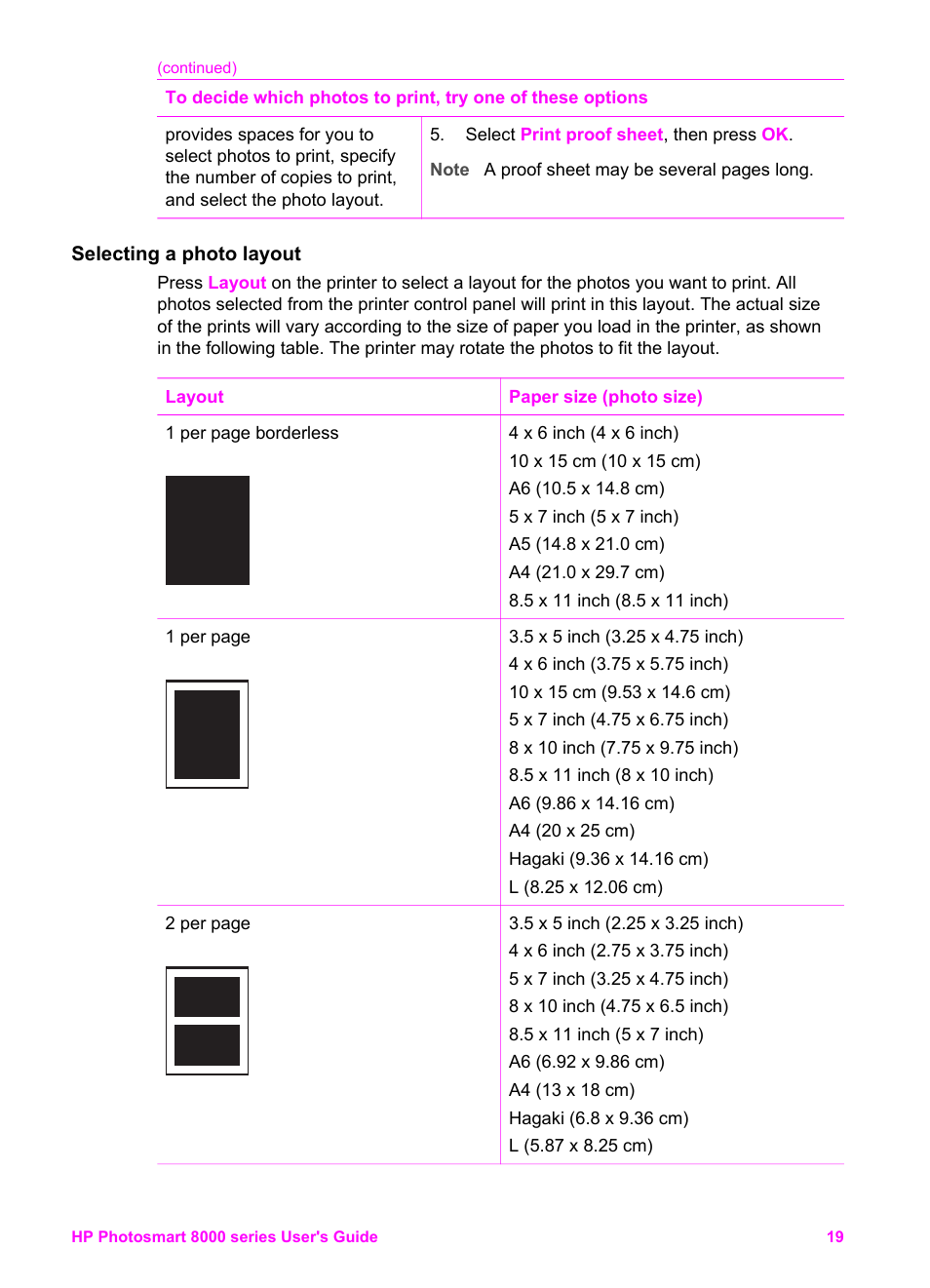 Selecting a photo layout | HP Photosmart 8050xi Printer User Manual | Page 22 / 67