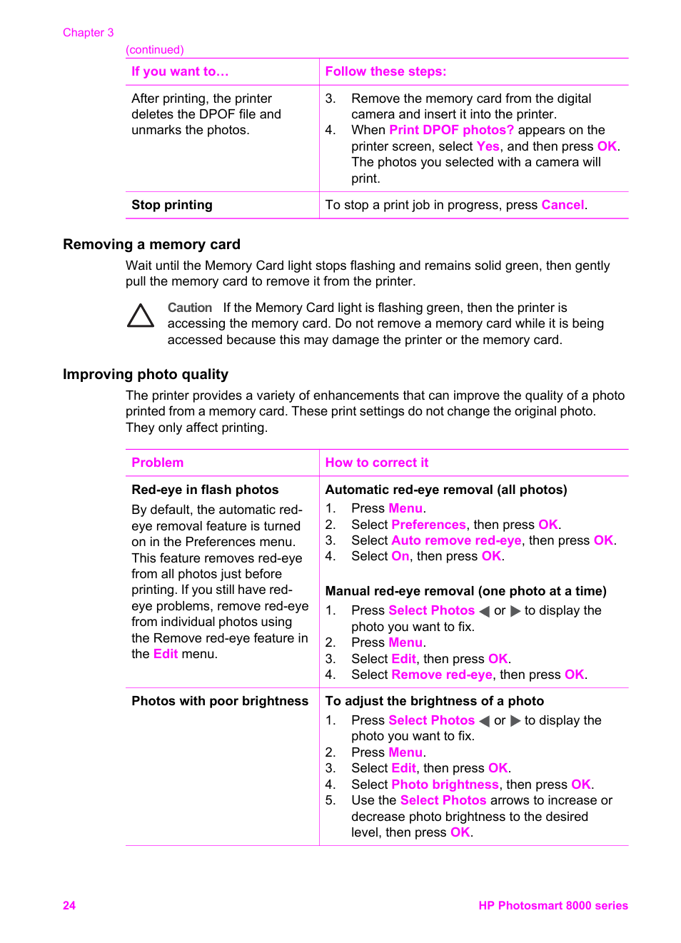 Removing a memory card, Improving photo quality | HP Photosmart 8050xi Printer User Manual | Page 27 / 67
