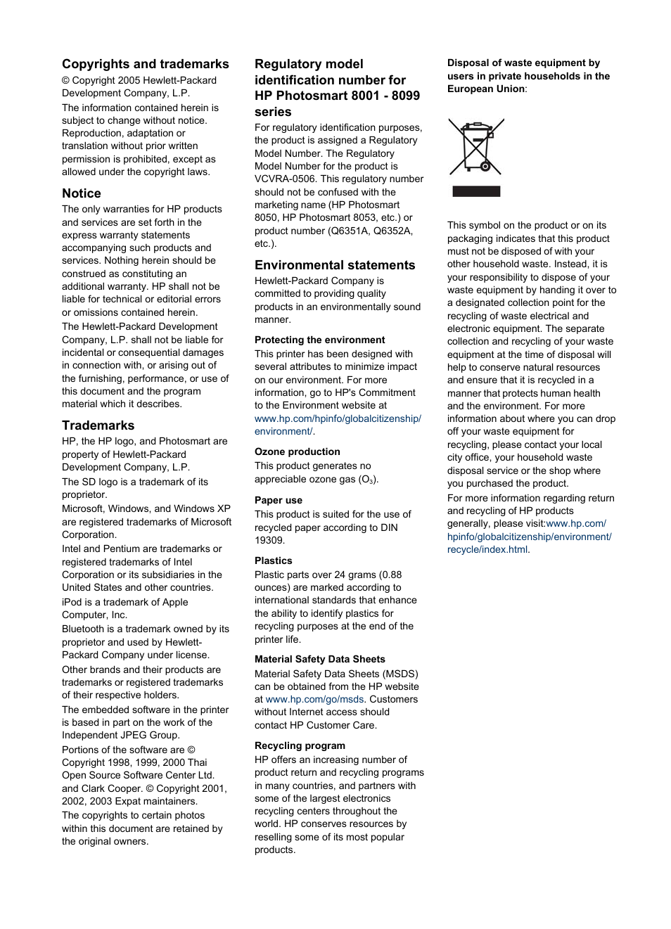 Copyrights and trademarks, Notice, Trademarks | Environmental statements | HP Photosmart 8050xi Printer User Manual | Page 3 / 67