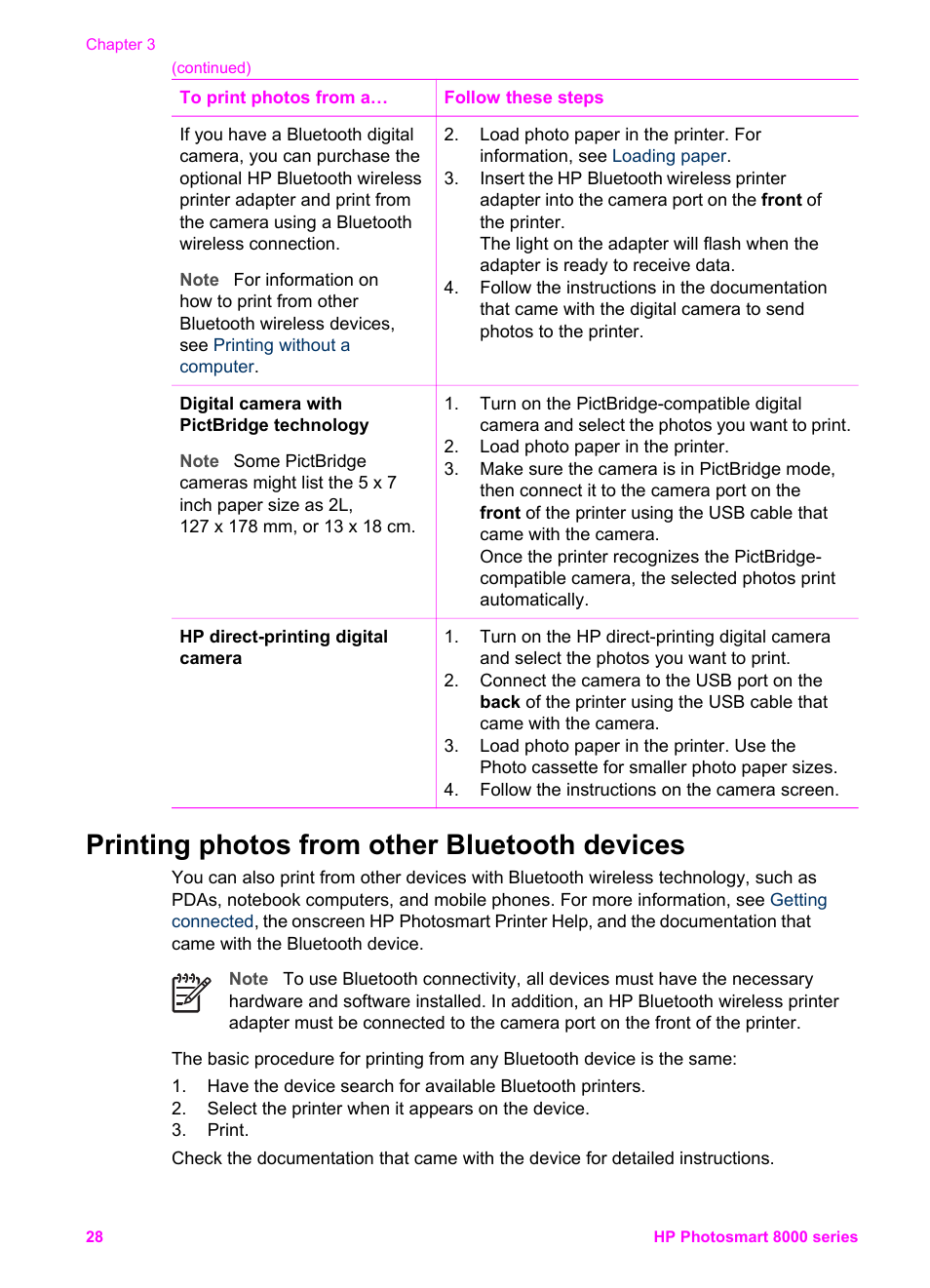 Printing photos from other bluetooth devices | HP Photosmart 8050xi Printer User Manual | Page 31 / 67