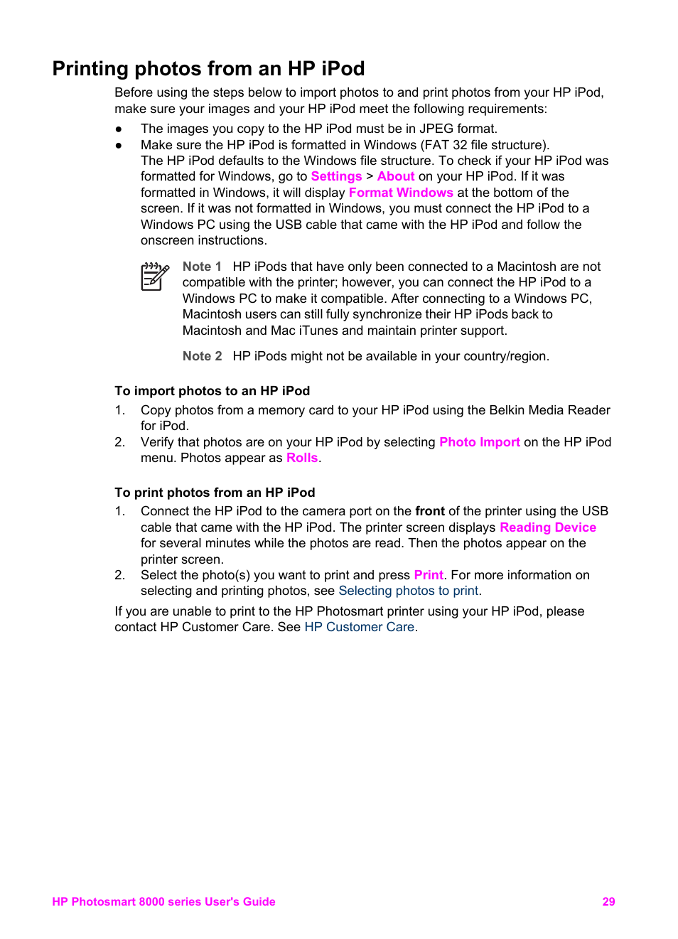 Printing photos from an hp ipod, Printing photos, From an hp ipod | HP Photosmart 8050xi Printer User Manual | Page 32 / 67