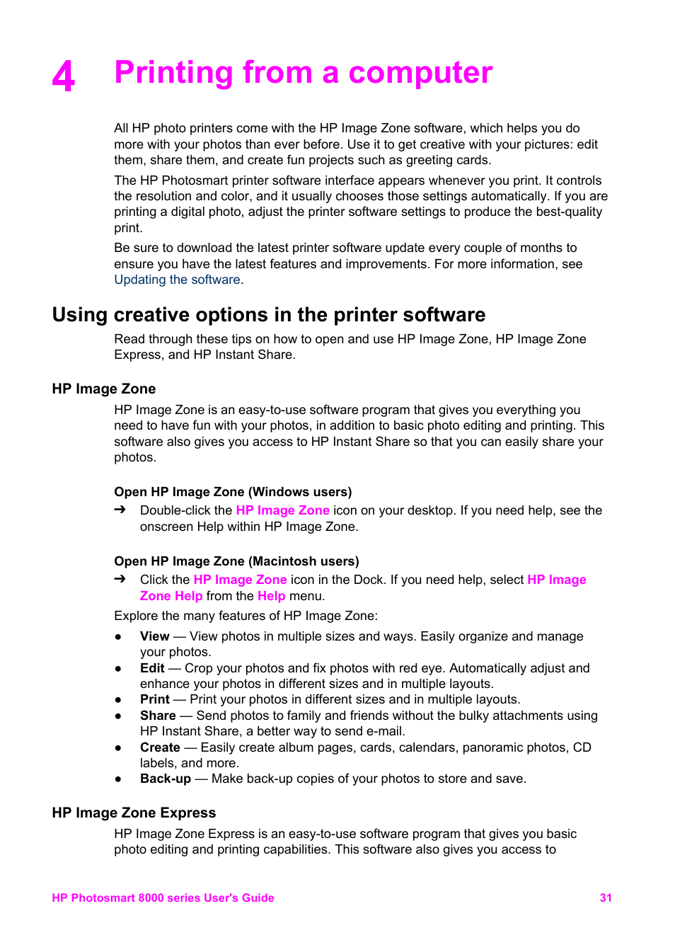 Printing from a computer, Using creative options in the printer software, Hp image zone | Hp image zone express | HP Photosmart 8050xi Printer User Manual | Page 34 / 67