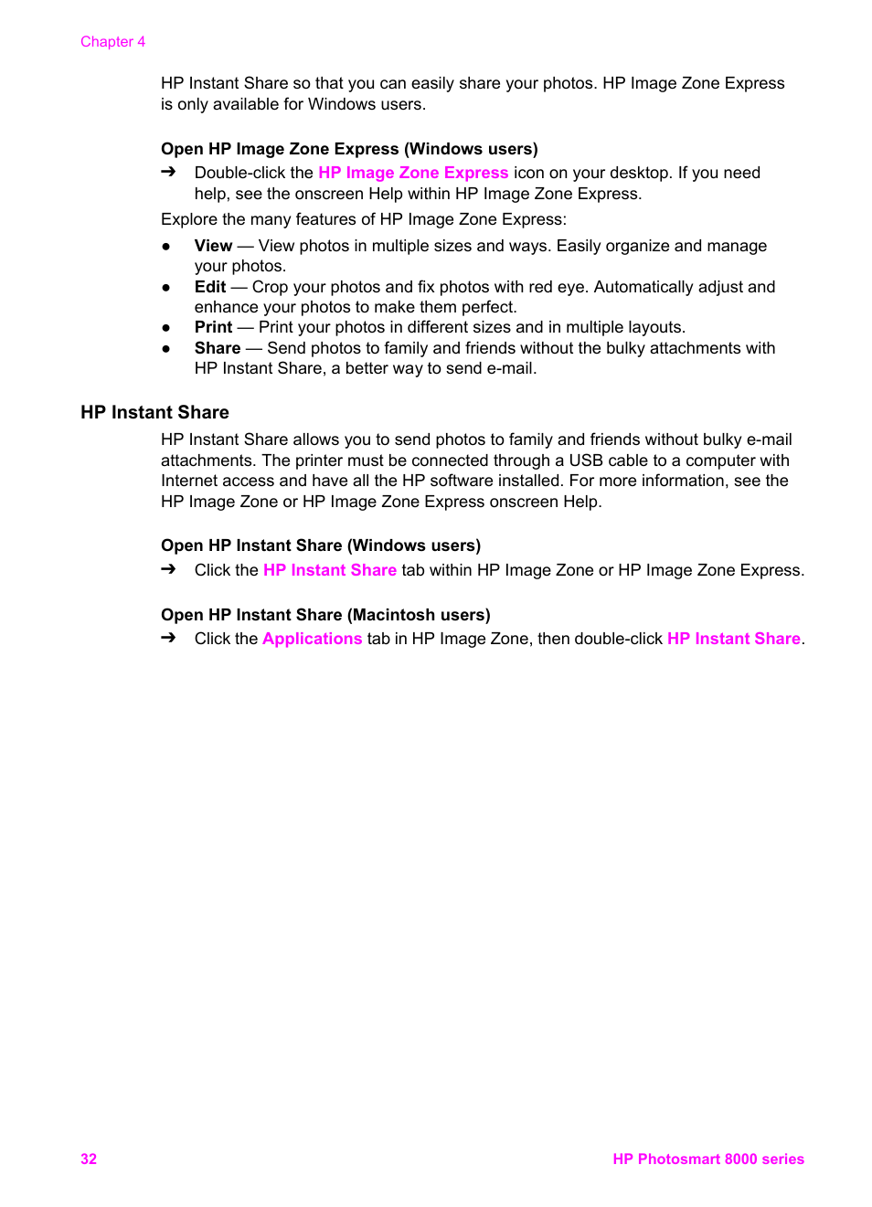 Hp instant share | HP Photosmart 8050xi Printer User Manual | Page 35 / 67