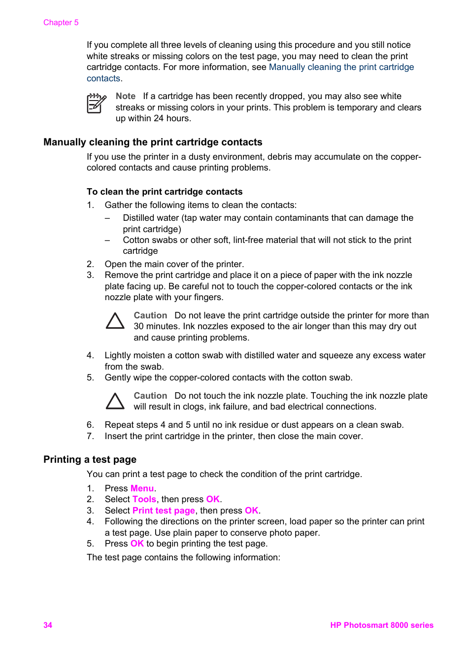 Manually cleaning the print cartridge contacts | HP Photosmart 8050xi Printer User Manual | Page 37 / 67