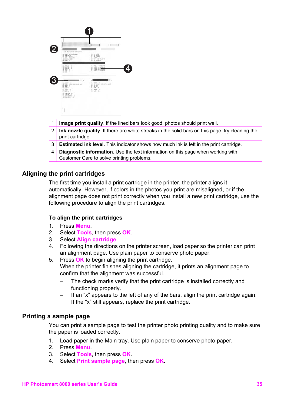 Aligning the print cartridges | HP Photosmart 8050xi Printer User Manual | Page 38 / 67