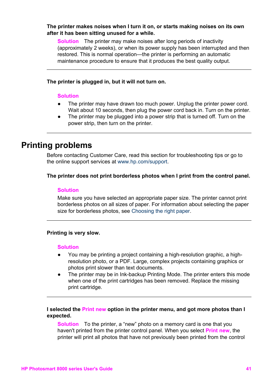 Printing problems | HP Photosmart 8050xi Printer User Manual | Page 44 / 67