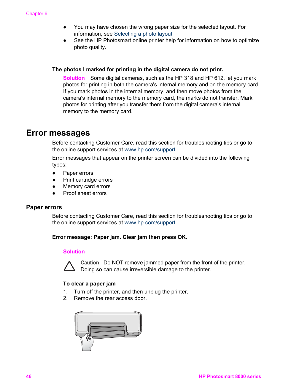 Error messages, Paper errors, To clear a paper jam | HP Photosmart 8050xi Printer User Manual | Page 49 / 67