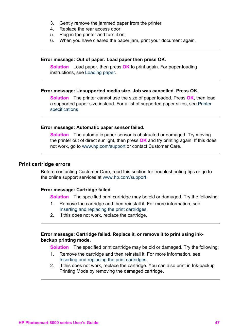 Print cartridge errors | HP Photosmart 8050xi Printer User Manual | Page 50 / 67