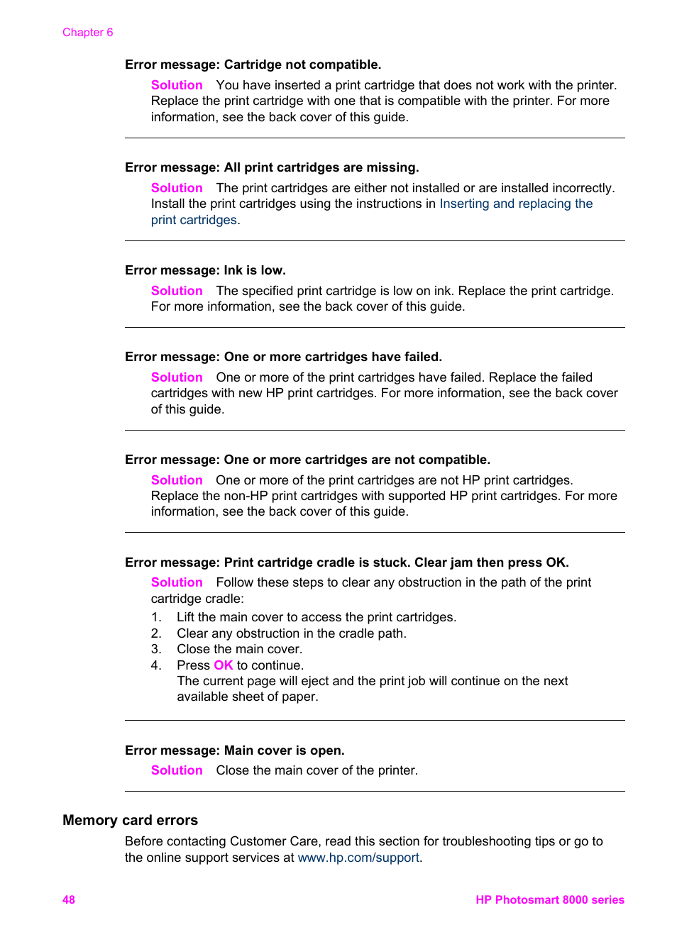 Memory card errors | HP Photosmart 8050xi Printer User Manual | Page 51 / 67