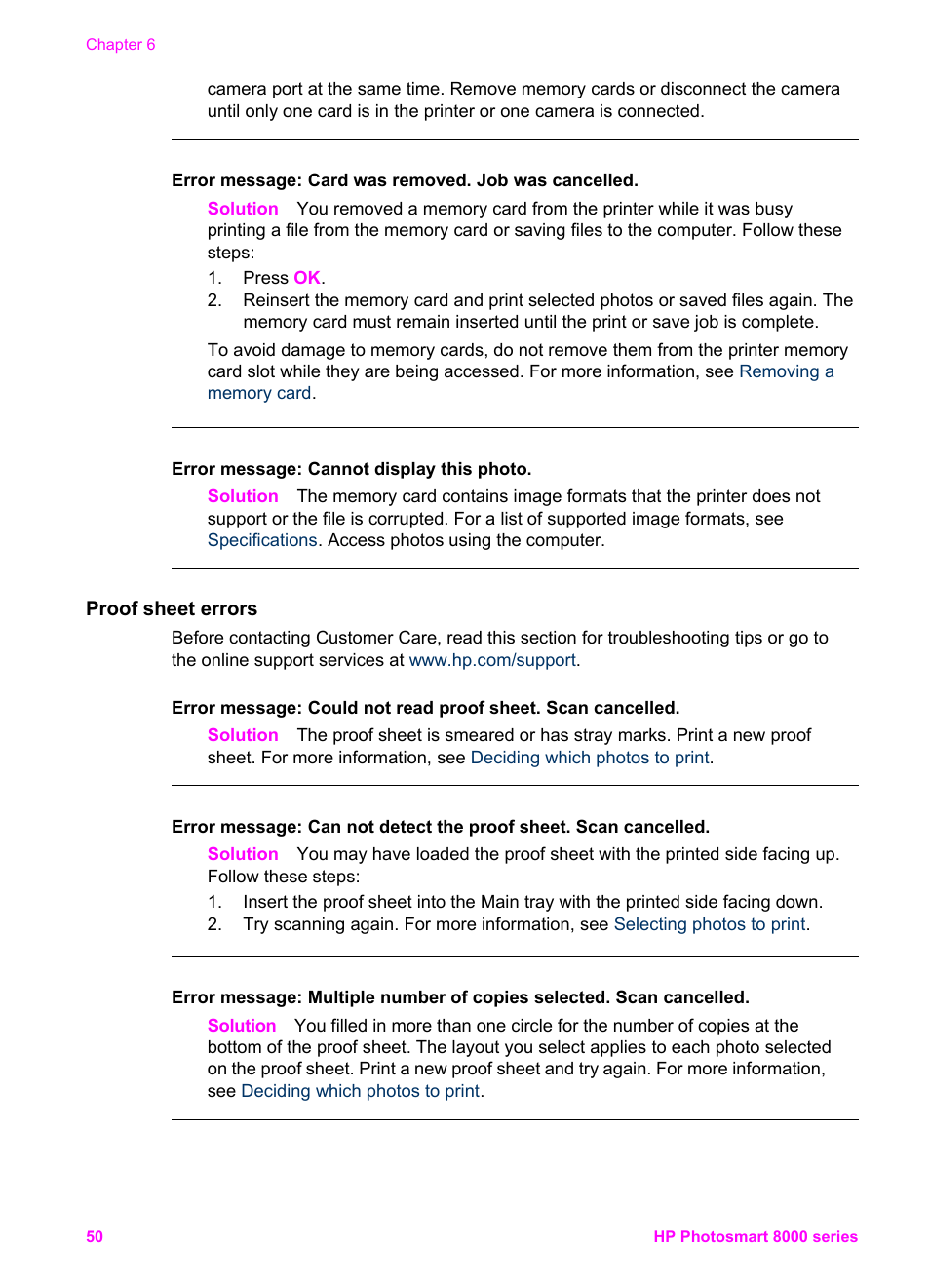 Proof sheet errors | HP Photosmart 8050xi Printer User Manual | Page 53 / 67
