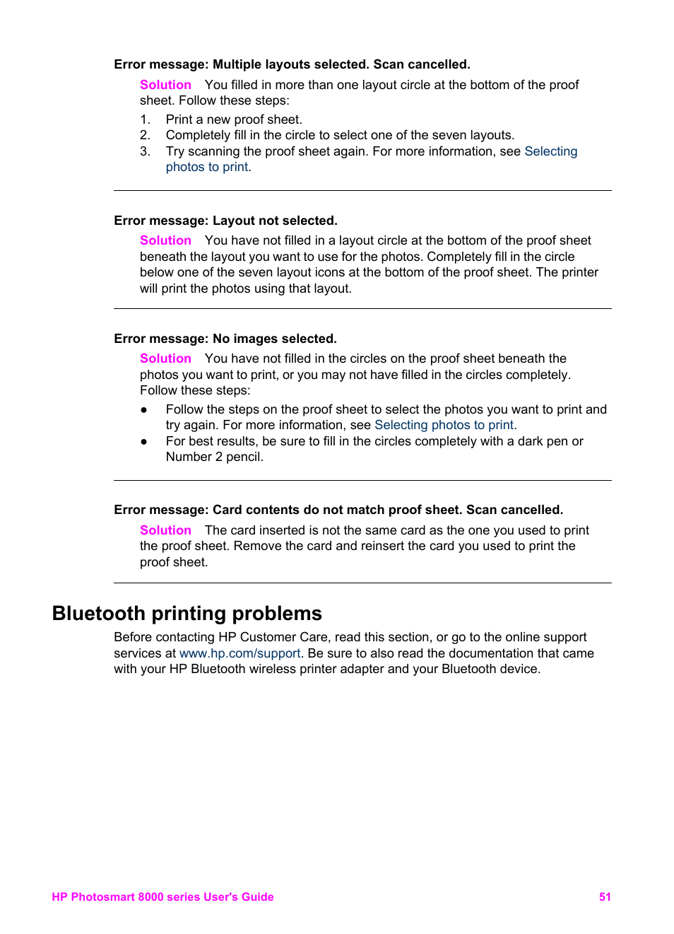 Bluetooth printing problems | HP Photosmart 8050xi Printer User Manual | Page 54 / 67