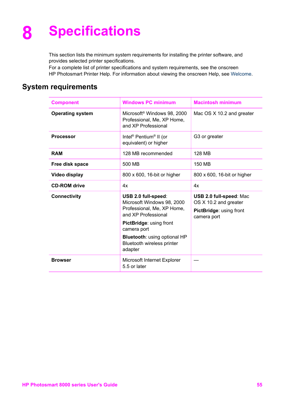Specifications, System requirements | HP Photosmart 8050xi Printer User Manual | Page 58 / 67