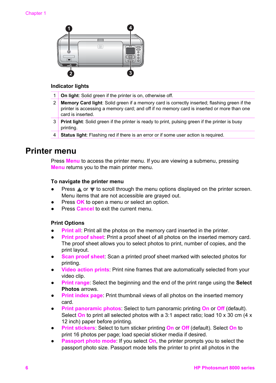 Printer menu | HP Photosmart 8050xi Printer User Manual | Page 9 / 67