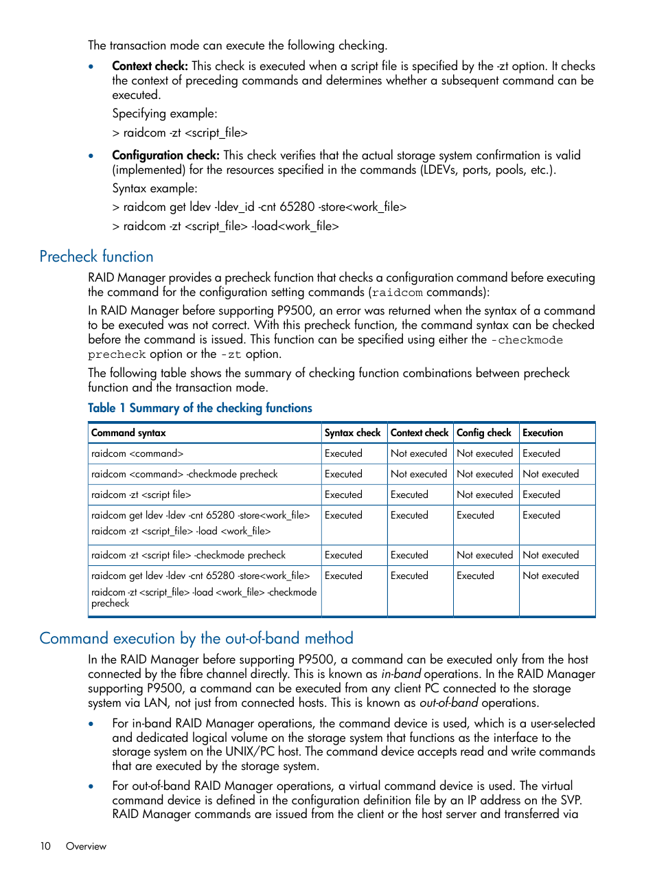 Precheck function, Command execution by the out-of-band method | HP XP RAID Manager Software User Manual | Page 10 / 274