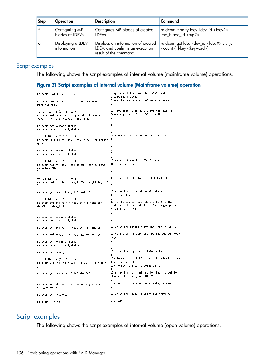 Script examples | HP XP RAID Manager Software User Manual | Page 106 / 274