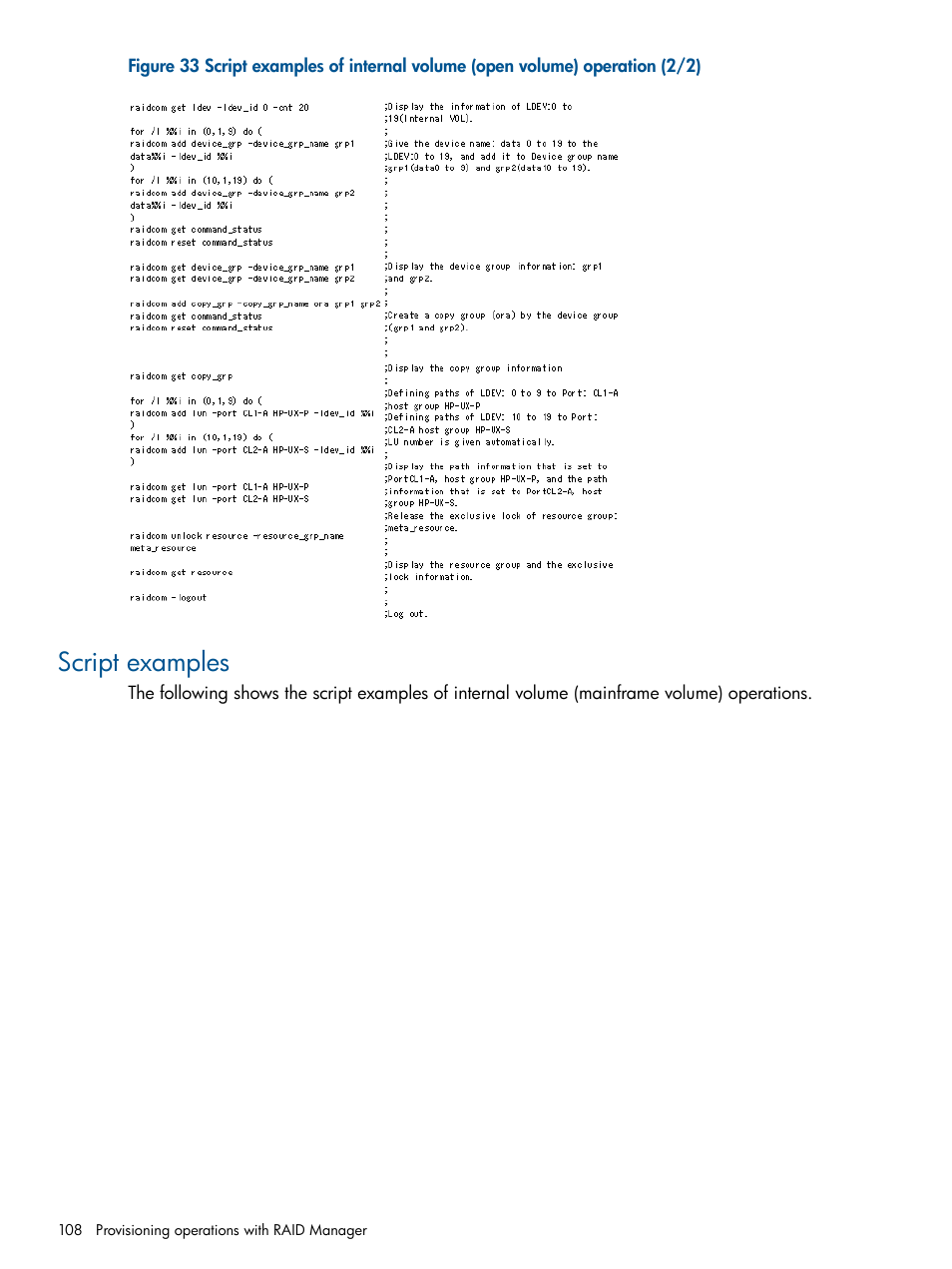 Script examples | HP XP RAID Manager Software User Manual | Page 108 / 274