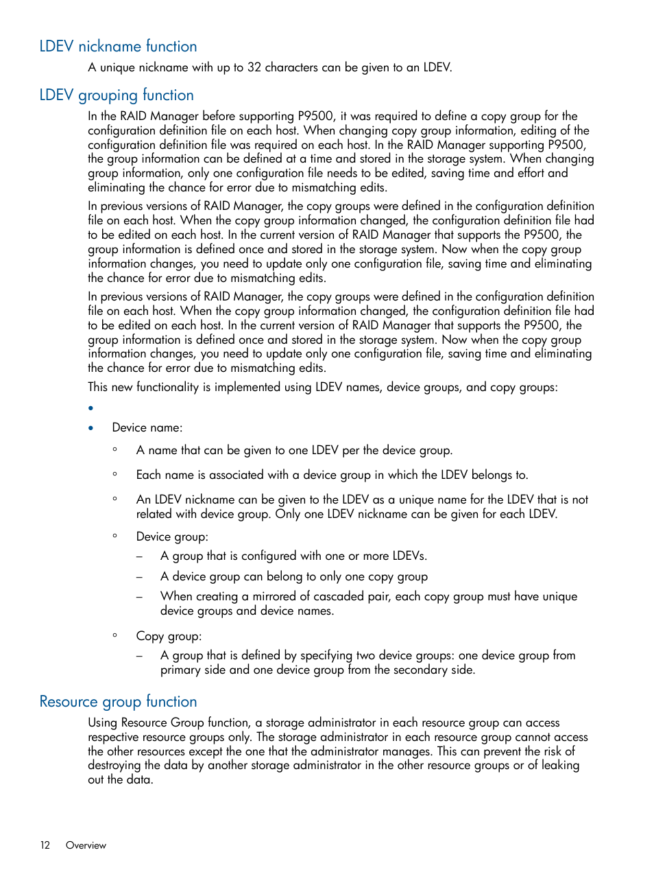 Ldev nickname function, Ldev grouping function, Resource group function | HP XP RAID Manager Software User Manual | Page 12 / 274