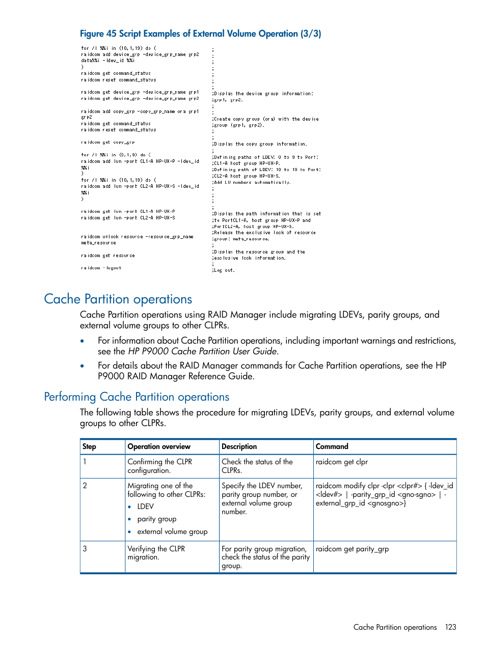 Cache partition operations, Performing cache partition operations | HP XP RAID Manager Software User Manual | Page 123 / 274