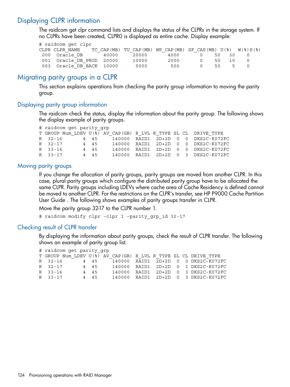 Displaying clpr information, Migrating parity groups in a clpr, Displaying parity group information | Moving parity groups, Checking result of clpr transfer | HP XP RAID Manager Software User Manual | Page 124 / 274