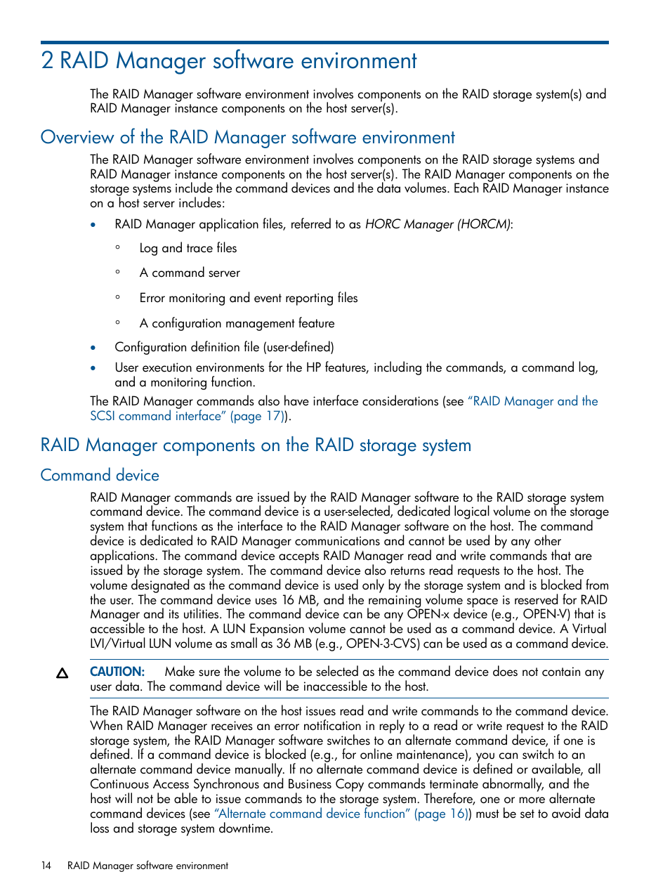 2 raid manager software environment, Overview of the raid manager software environment, Raid manager components on the raid storage system | Command device | HP XP RAID Manager Software User Manual | Page 14 / 274