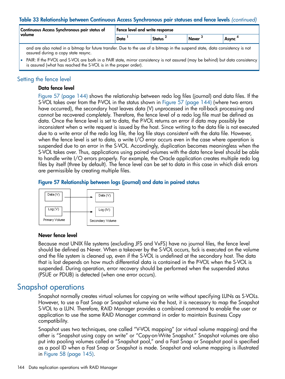 Setting the fence level, Snapshot operations | HP XP RAID Manager Software User Manual | Page 144 / 274