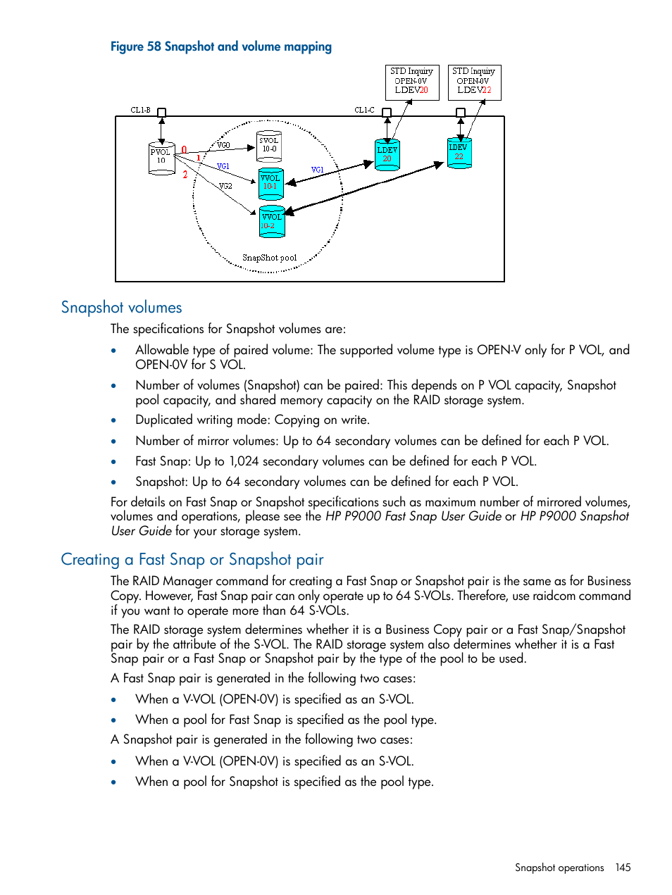 Snapshot volumes, Creating a fast snap or snapshot pair | HP XP RAID Manager Software User Manual | Page 145 / 274