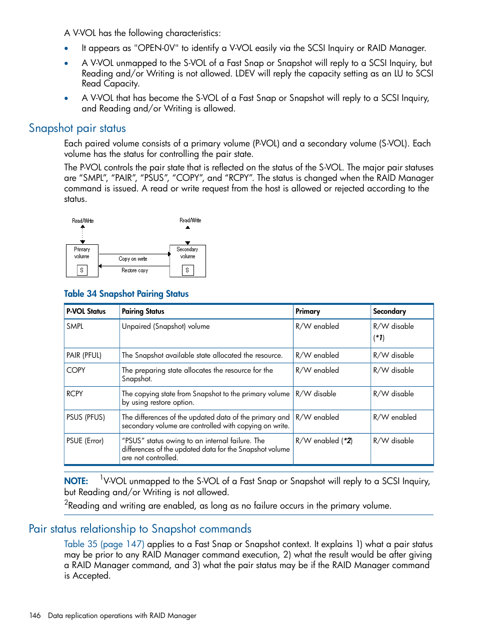 Snapshot pair status, Pair status relationship to snapshot commands | HP XP RAID Manager Software User Manual | Page 146 / 274