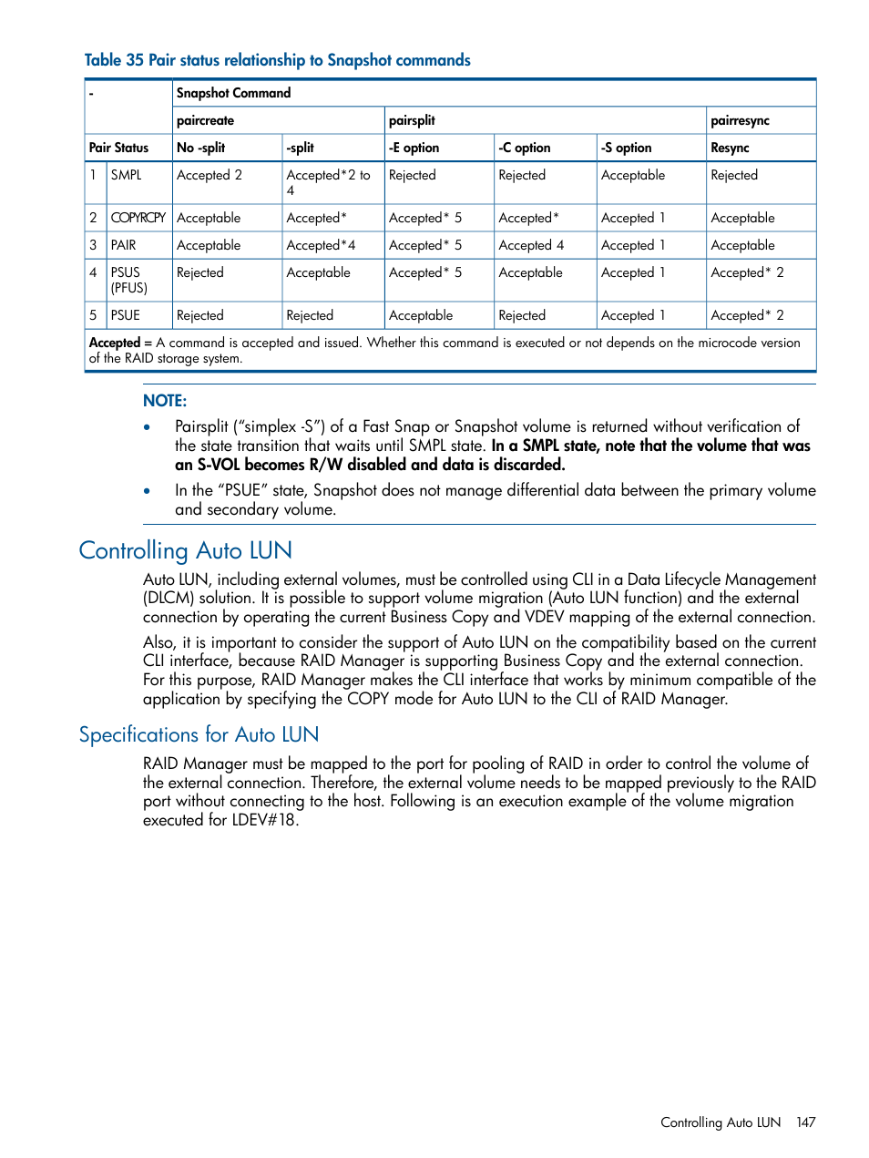 Controlling auto lun, Specifications for auto lun | HP XP RAID Manager Software User Manual | Page 147 / 274