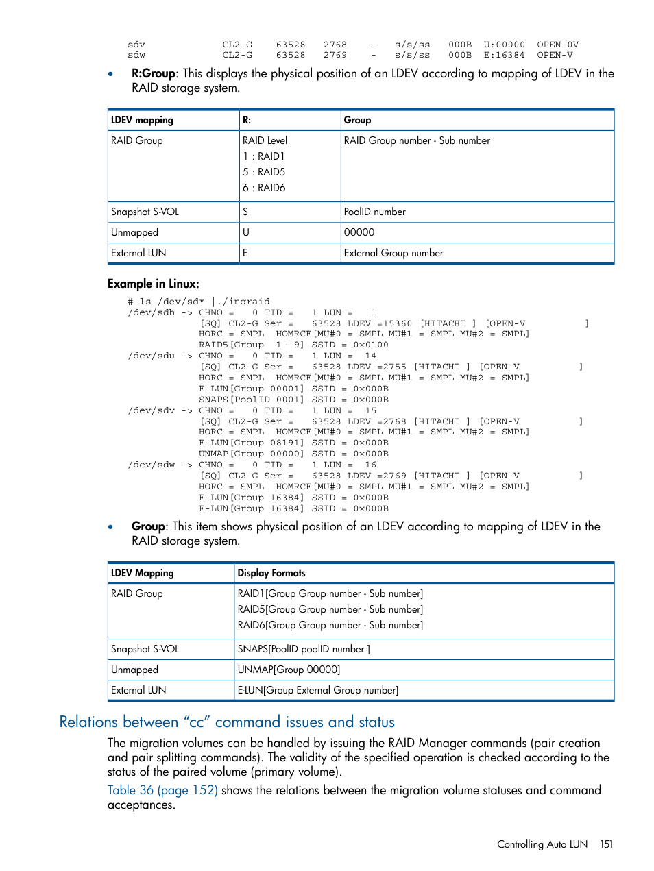 Relations between “cc” command issues and status | HP XP RAID Manager Software User Manual | Page 151 / 274