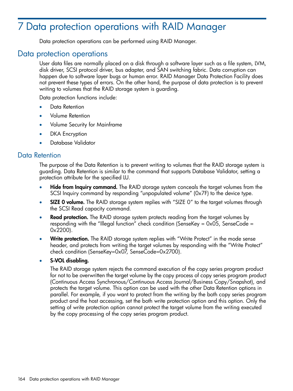 7 data protection operations with raid manager, Data protection operations, Data retention | HP XP RAID Manager Software User Manual | Page 164 / 274