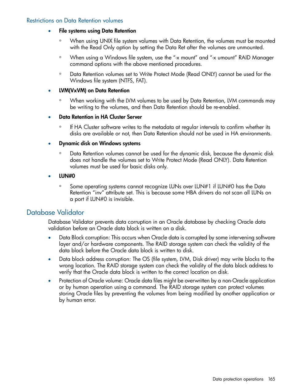 Restrictions on data retention volumes, Database validator | HP XP RAID Manager Software User Manual | Page 165 / 274