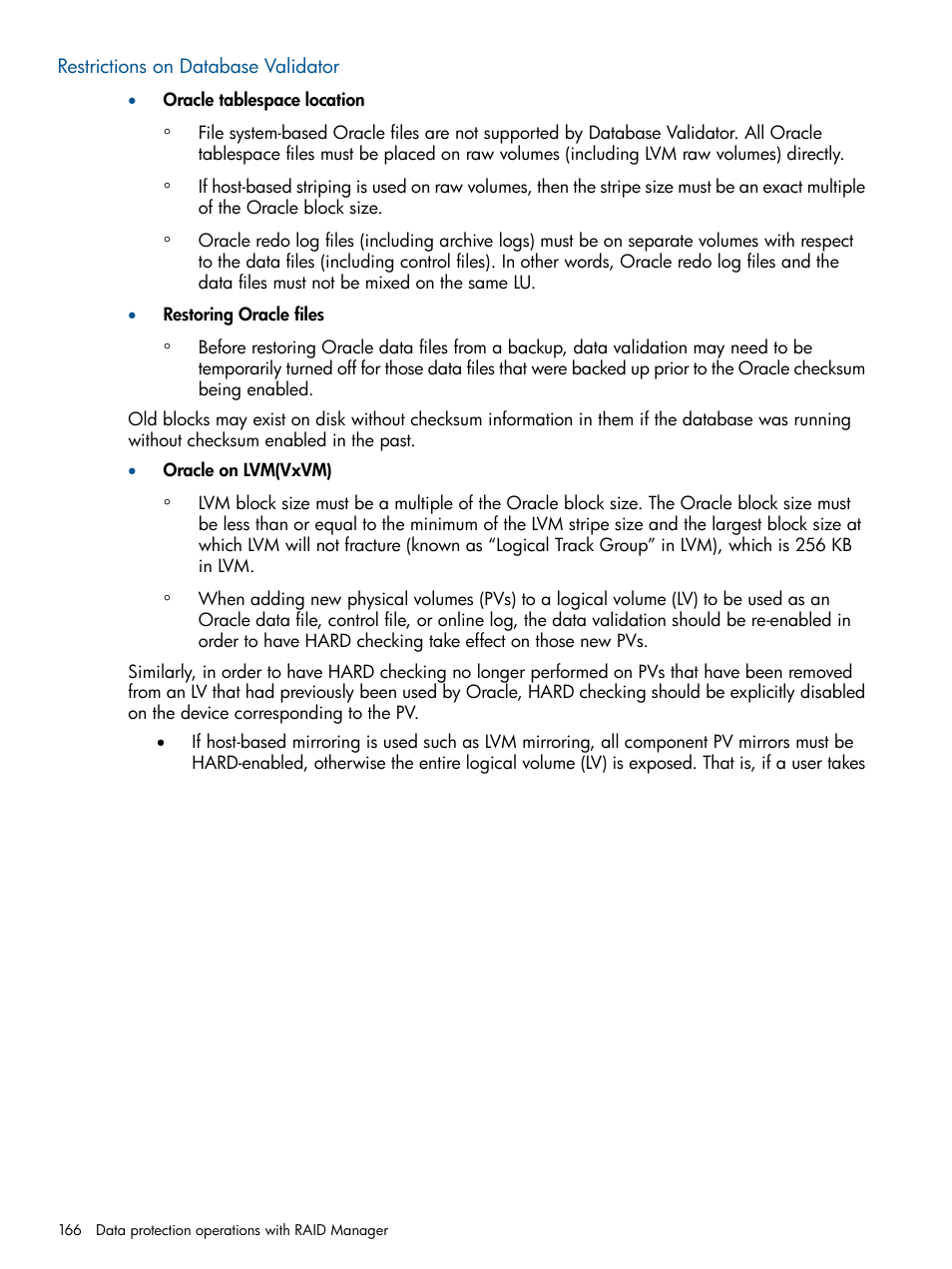 Restrictions on database validator | HP XP RAID Manager Software User Manual | Page 166 / 274