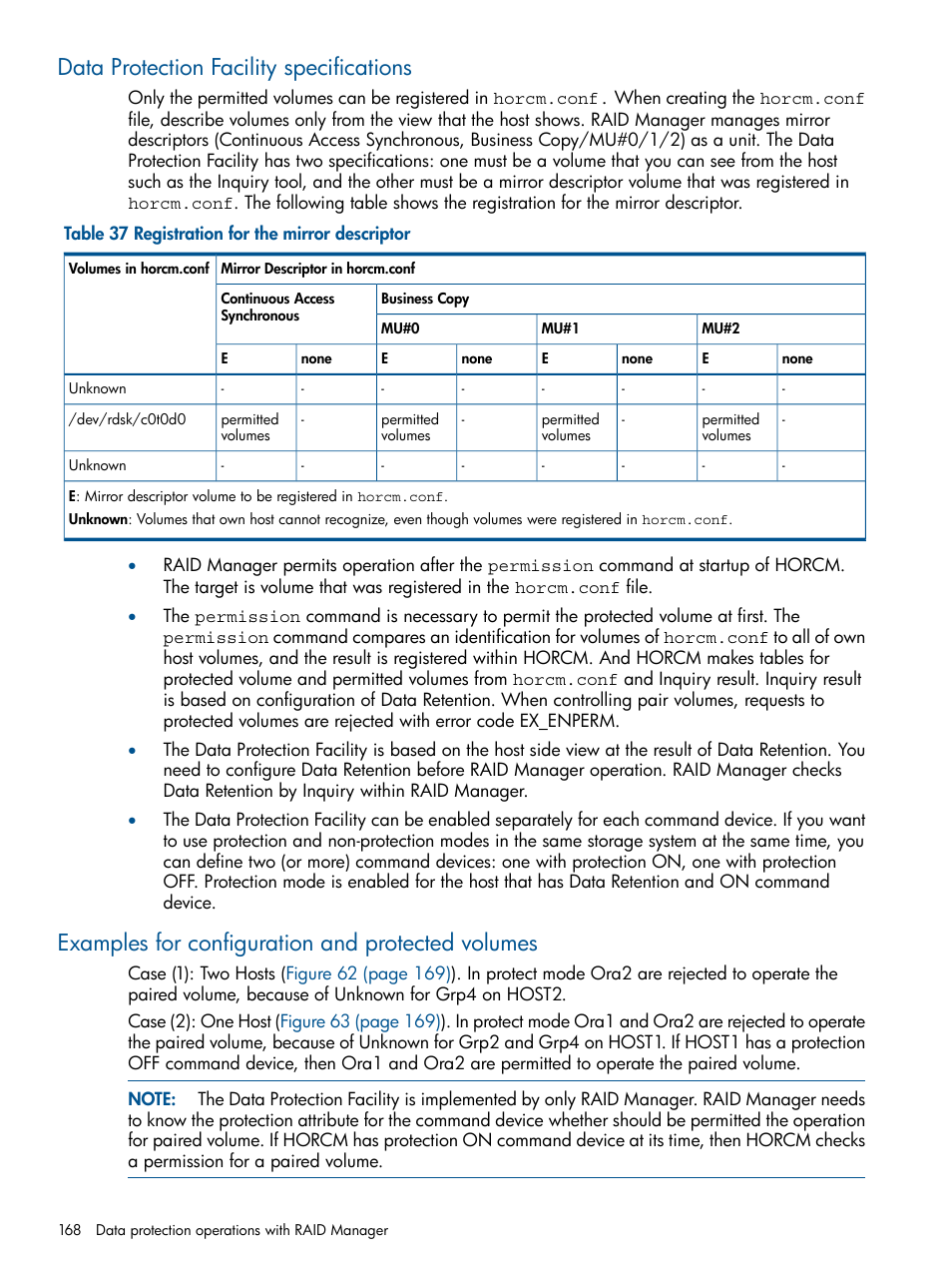 Data protection facility specifications, Examples for configuration and protected volumes | HP XP RAID Manager Software User Manual | Page 168 / 274