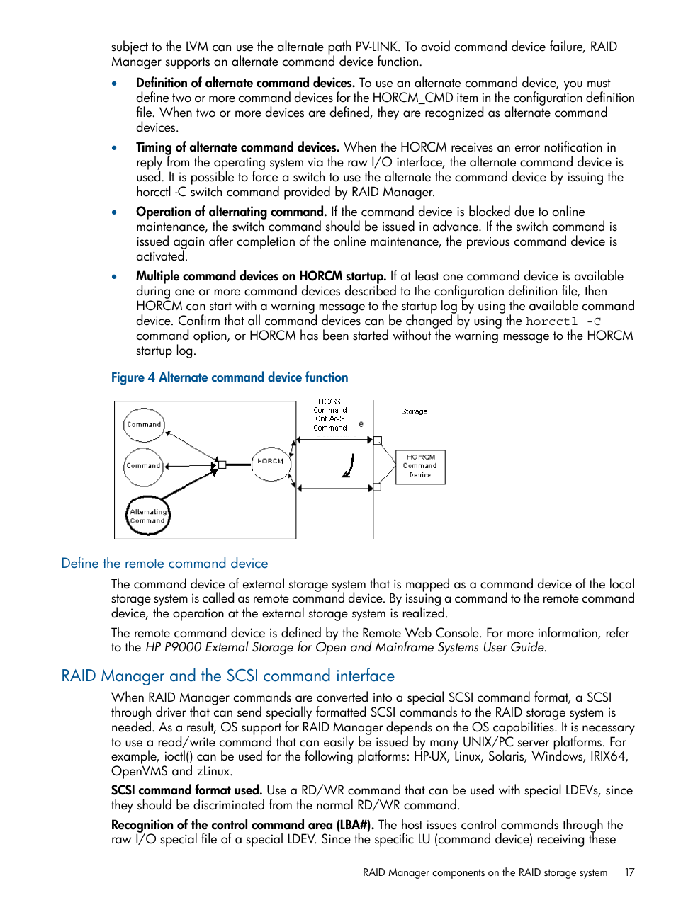 Define the remote command device, Raid manager and the scsi command interface, Raid manager and the | HP XP RAID Manager Software User Manual | Page 17 / 274