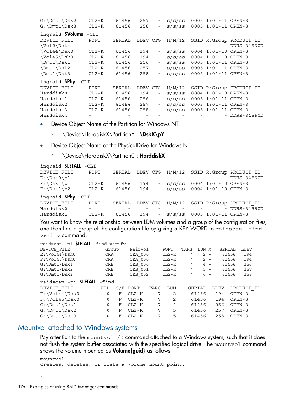 Mountvol attached to windows systems | HP XP RAID Manager Software User Manual | Page 176 / 274
