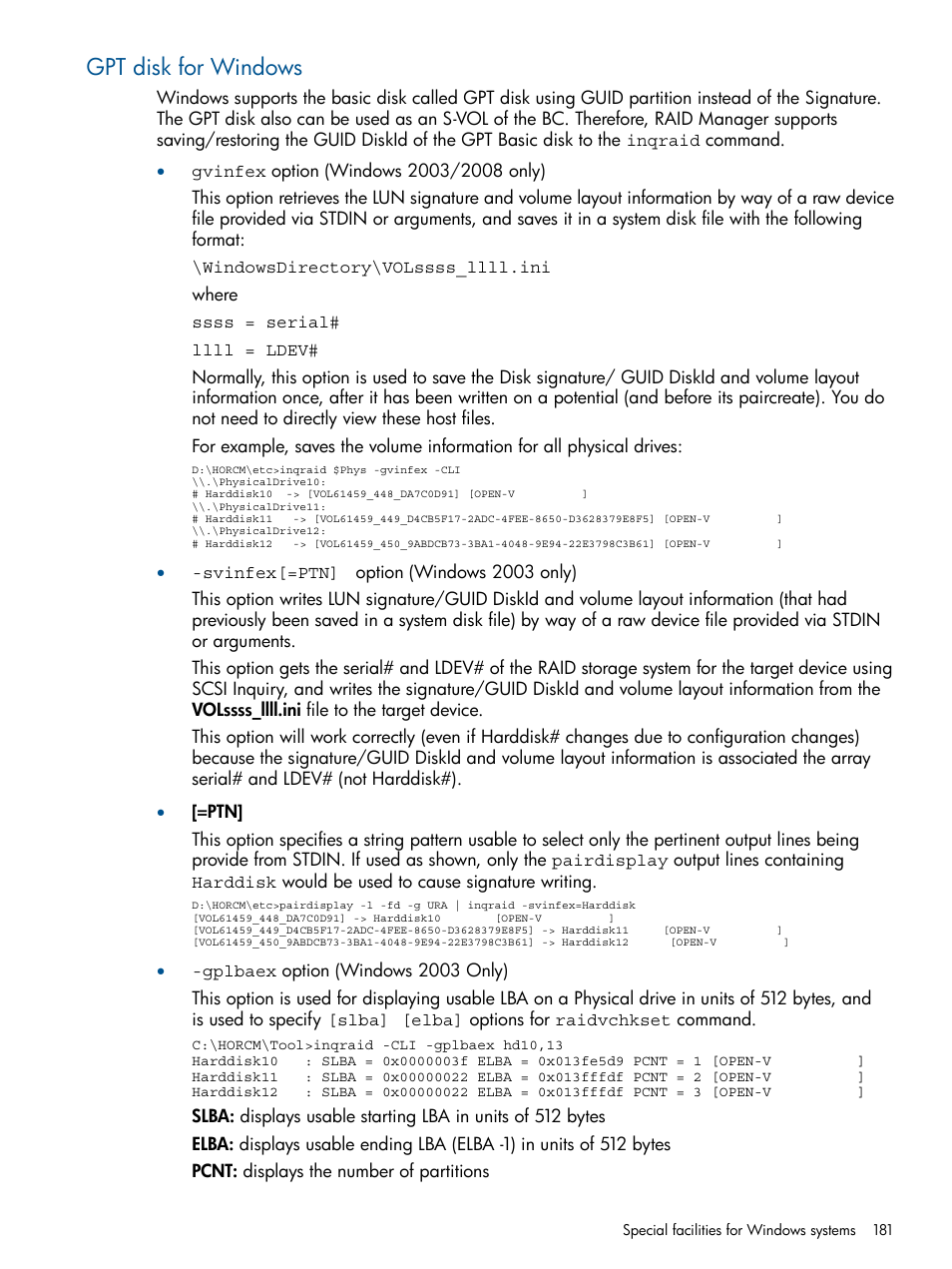 Gpt disk for windows, Directory mount facility for windows systems | HP XP RAID Manager Software User Manual | Page 181 / 274