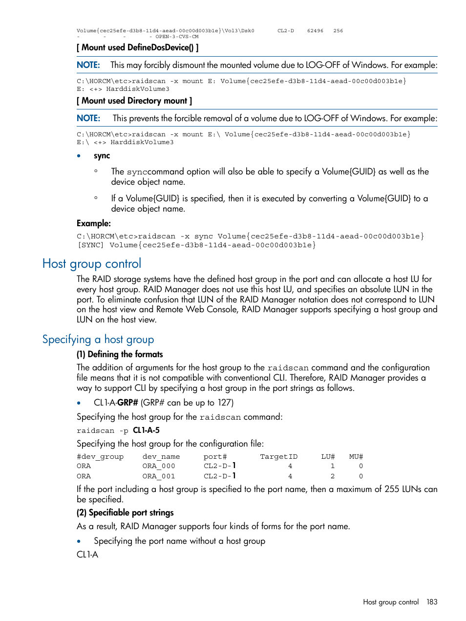 Host group control, Specifying a host group | HP XP RAID Manager Software User Manual | Page 183 / 274